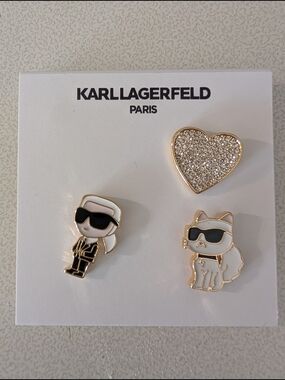 Karl Lagerfeld Paris RARE Enamel Pin Set - Karl, Choupette, Crystal Heart NWT